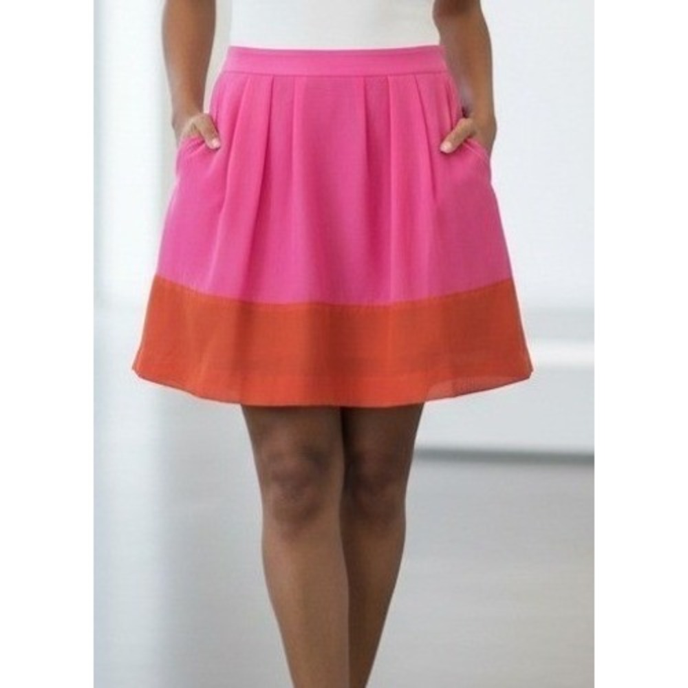 J. Crew Factory Pleated Skirt Women's Size 0 Hot Pink Orange Colorblock Coastal